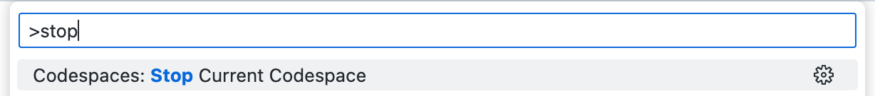 Снимок экрана: палитра команд с текстом поиска "stop" и параметром "Codespaces: Stop Current Codespace".