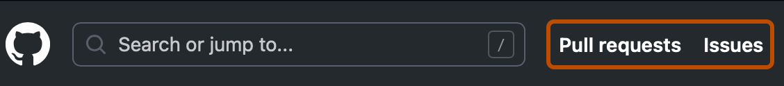 Captura de tela do cabeçalho de qualquer página no GitHub. As guias "Solicitações de pull" e "Problemas" são realçadas com um contorno laranja.