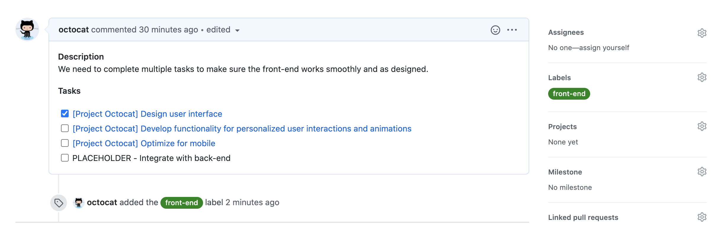 Capture d’écran d’un problème appelé « Travail front-end pour Project Octocat ». Dans la barre latérale droite, dans la section « Étiquettes », l’étiquette « front-end » est appliquée.