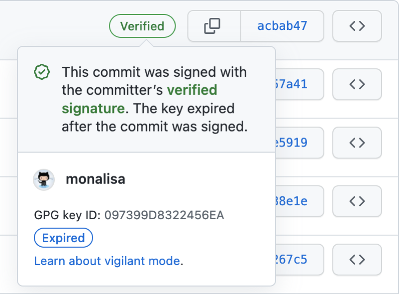 コミットのリストのスクリーンショット。 1 つのコミットに "検証済み" というラベルが付けられています。 ラベルの下に、コミットが署名されたことを示すドロップダウンが表示されていますが、キーの有効期限が切れています。