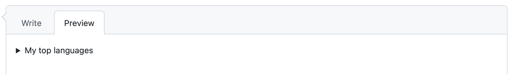 コメントの [プレビュー] タブのスクリーンショット。 "Top languages" という単語の左側には、セクションを展開できることを示す矢印があります。