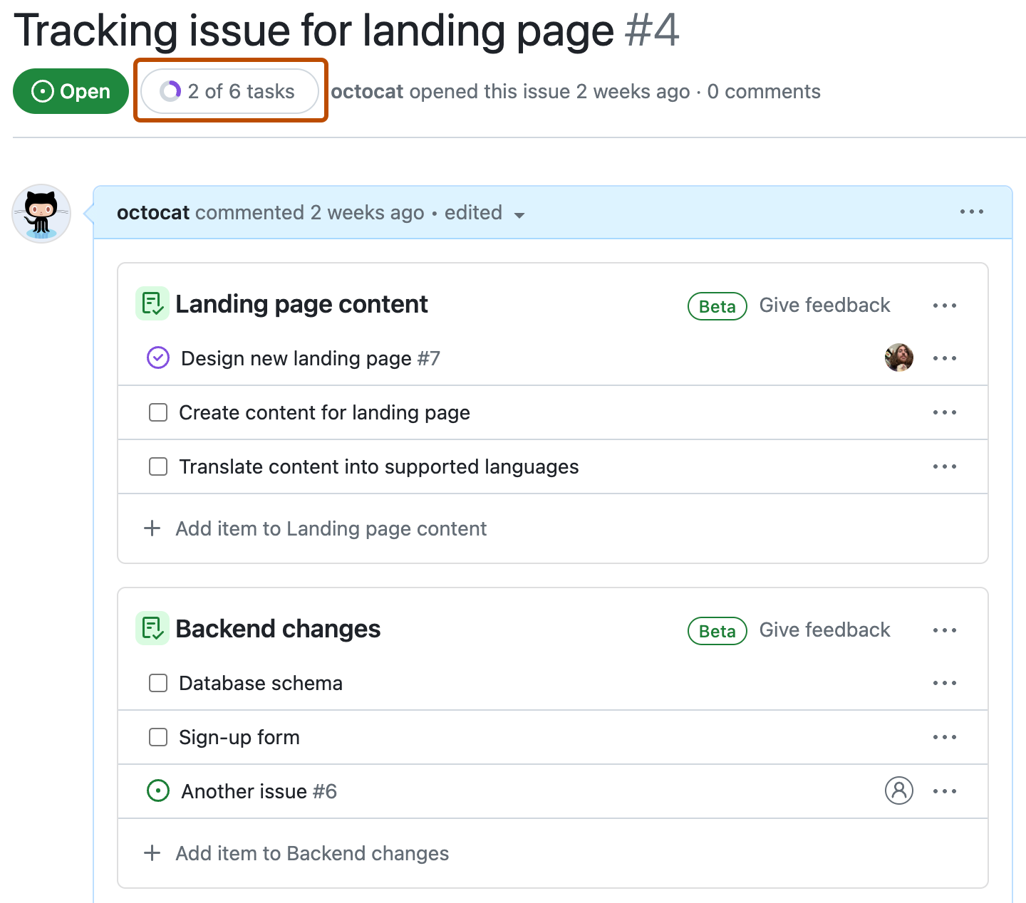 Screenshot of an issue containing two tasklists. One issue is closed and one draft task is marked as completed. The progress information is highlighted with an orange rectangle.